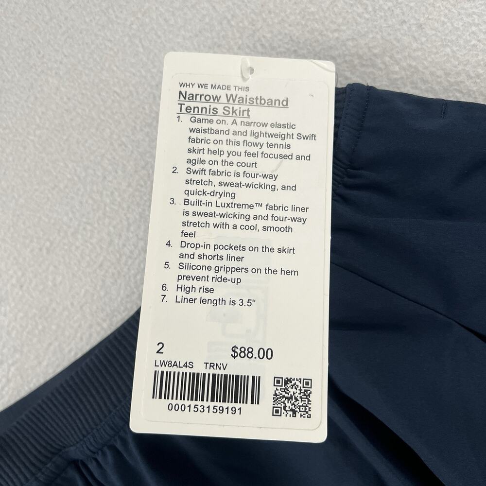 NWT Lululemon True Navy Blue Narrow Waistband Tennis Skirt High Rise Skort 2 - Picture 3 of 8